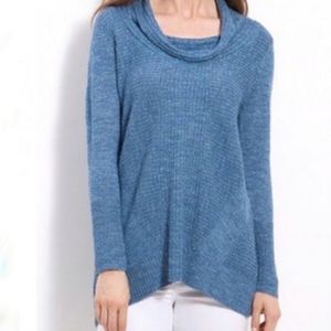 EILEEN FISHER Wool Linen & Silk Lightweight Long Sleeve Blue Cowl  Tunic Sweater